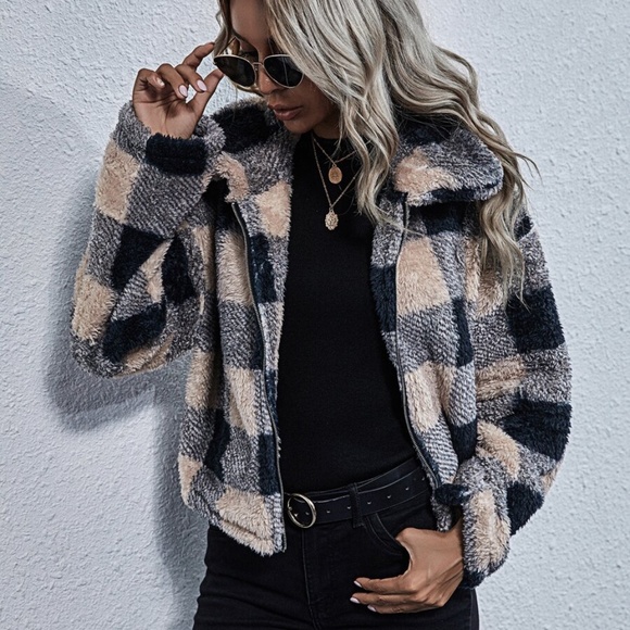 Cozy plaid zipper teddy jacket coat Shacket - Picture 3 of 7